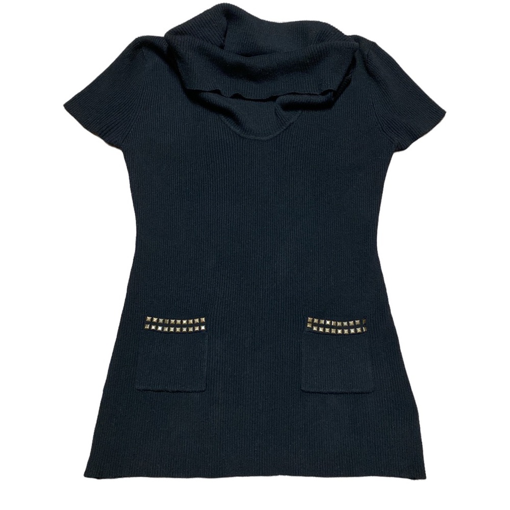 Y2K Say What Cowl Neck Black Ribbed Short Sleeve Sweater Studded Size P L